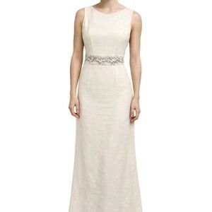Carol Anderson California Vtg 90s Pure Linen Lace Waist Maxi Dress Cream Women L